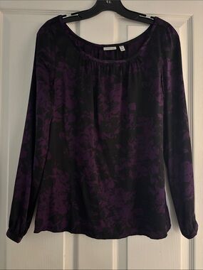 Semantiks Silk Black and Purple Floral Long-Sleeve Blouse Sz XSP